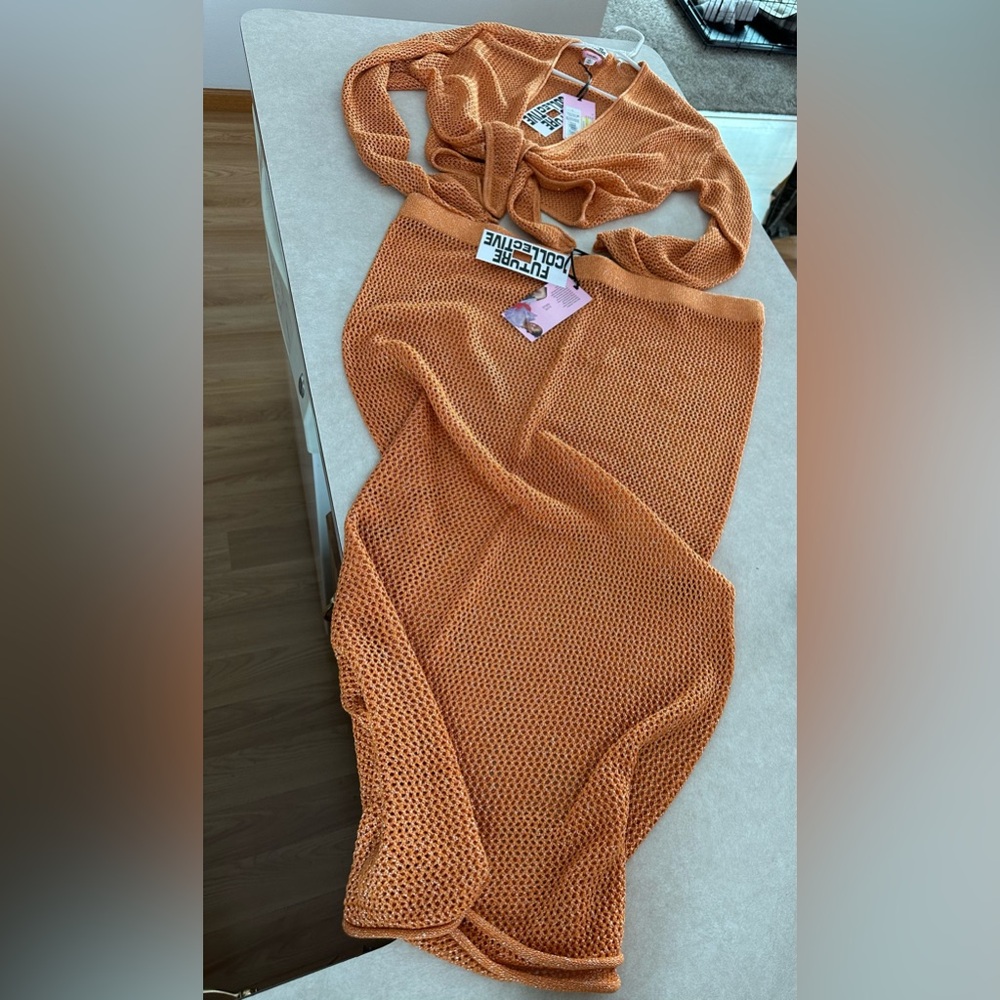Orange sparkly spec sweater Mesh Skirt and top